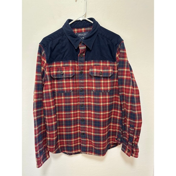 Mens American Eagle Flannel Shirt Medium Red Plaid Barn Thick Warm, Size L - Picture 2 of 10